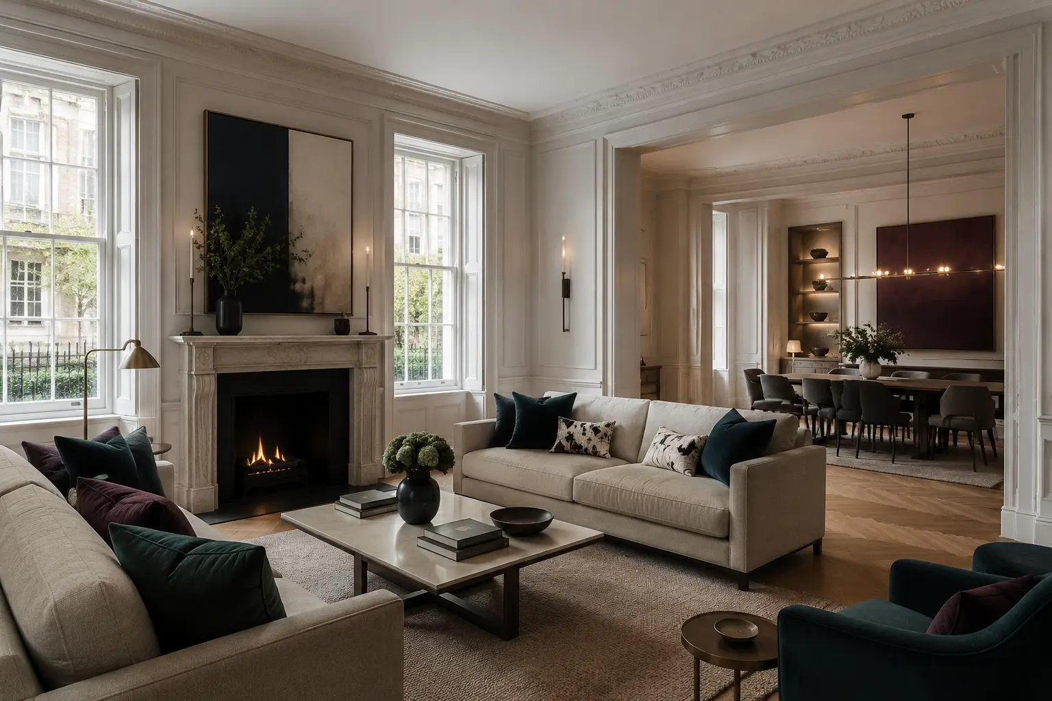 Conceptual interior of a contemporary English townhouse with period detailing
