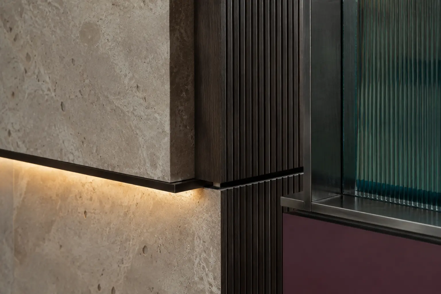 Conceptual architectural detail combining stone, timber, metal and textured glass
